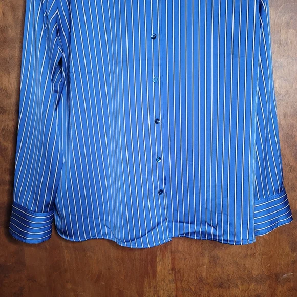 Jones and Co suiting stripe silky button up collared shirt blue black white XL - Picture 3 of 8